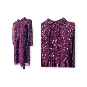 Uniqlo High-Neck Floral Dress Pleated Front with Collar and Sheer Sleeves Size 4